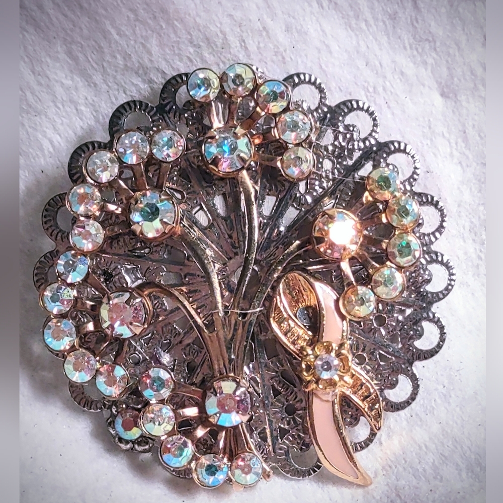 Aurora Borealis Crystals Brooch & Pink Awareness Ribbon